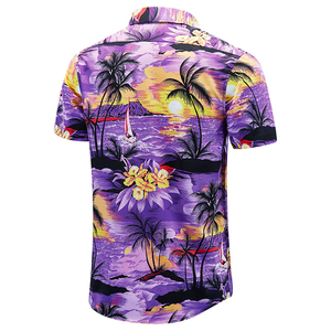 เสื้อเชิ้ตผู้ชายสีม่วงลายฮาวาย แขนสั้น ติดกระดุม ผ้าป๊อปลิน ระบายอากาศได้ดี เหมาะสำหรับใส่ในช่วงวันหยุดฤดูร้อน - Product Image 2