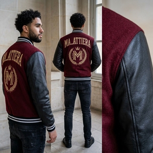 Men <b>Burgundy</b> Letterman <b>Jacket</b> Wool Body Black <b>Leather</b> Sleeves Embroidered Bomber <b>Jacket</b> Custom OEM ODM - Product Image 4