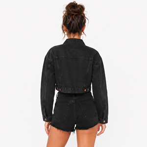 Black <b>Cropped</b> Jeans <b>Jacket</b> Women's Turn Down Long Sleeve <b>Denim</b> <b>Jackets</b> Button Closure Crop Trucker <b>Jacket</b> Ladies Winter Wear - Product Image 3