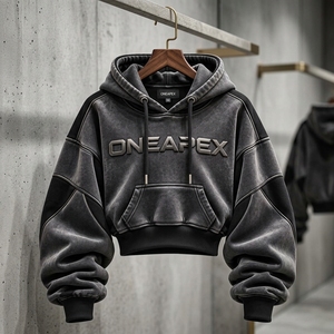 Sweat à capuche court noir et gris personnalisé pour femme, coupe oversize, style streetwear, en molleton de coton, ONEAPEX, vente en gros - Product Image 3