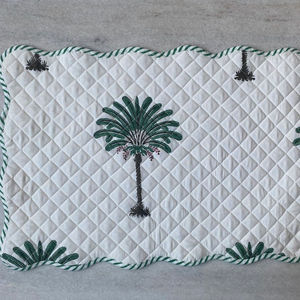 Rectangular Fabric <b>Placemat</b> Palm Tree Embroidery Green Trim Quilted Cotton Table Mat Handmade Traditional Design Non-Slip - Product Image 1