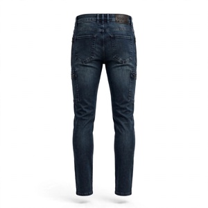 Jean cargo slim pour homme en denim foncé délavé, taille mi-haute, poches zippées, pantalon décontracté en coton de BD - Product Image 2
