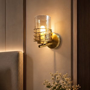 Mid-Century Regent Modern Brass Wall Light, Vintage Glass Shade Cage Sconce Light Fixture for Corridor Stairway - Product Image 1
