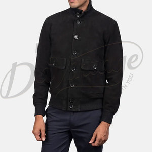 Men Black <b>Suede</b> Leather High Neck <b>Bomber</b> <b>Jacket</b> Slim Fit Button Up Casual Harrington Style Genuine Leather Outerwear - Product Image 5