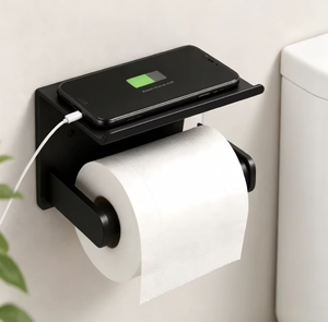 Portarrollos de Papel Higiénico Minimalista para Montar en la Pared con Soporte para Teléfono, Estante de Almacenamiento para Baño de Plástico Negro - Product Image 4