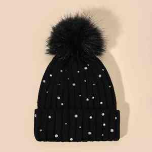 <b>Top</b> Quality Women Winter Warm Hats Soft Wool Knit Beanie Hats Pom Pom <b>Woolen</b> Hat With Rhinestones For Ladies Custom Design - Product Image 4