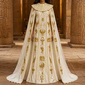 Nuevo Vestido de Noche de Alta Costura, Estilo Egipcio de Lujo, Color Marfil Satinado, con Motivos Hieroglíficos Bordados en Oro - Product Image 1