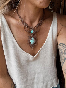 Turquoise Gold Plated Macrame <b>Statement</b> <b>Necklace</b> Zinc Alloy Double Stone Brown Cord Boho Handmade Adjustable Pendant Jewelry - Product Image 2