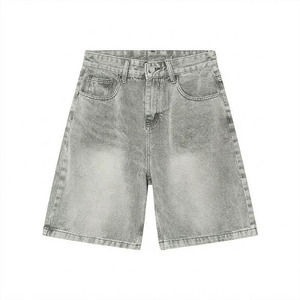 Shorts Bermuda en jean gris délavé taille haute personnalisés pour femme, shorts longs décontractés pour l'été, style streetwear, vente en gros - Product Image 1