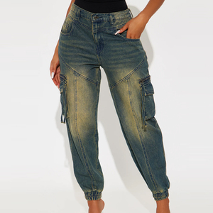 Jean cargo Y2K pour femme, coupe jogger, délavé vintage, avec revers élastiques, multi-poches, style streetwear, baggy, utilitaire, mode coréenne - Product Image 6