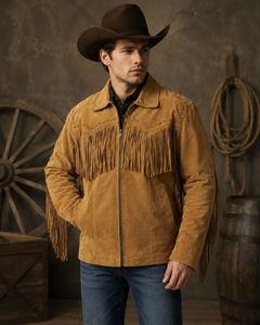 Men's Tan <b>Suede</b> <b>Leather</b> <b>Jacket</b> With Fringe Zipper Closure Turn-down Collar Casual Autumn Wear - Product Image 2