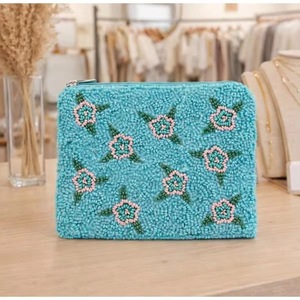 Beaded Cotton <b>Mini</b> Coin Purse Embroidered Green Heart Flower Pattern Handmade Bohemian Style Wrist Zipper Closure Girls Unisex - Product Image 1