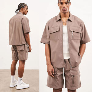 Men's Solid Color Cargo Shorts Set Short Sleeve Zipper Hooded Collar Regular Fit Breathable Summer Casual Streetwear Wear - Product Image 4