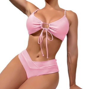 Whole Sale Cross Hanging High Waist Bikini Anti-Bacterial Micro Bra Solid Front Sexy Women Bandage Two Piece <b>Thong</b> Swimsuit - Product Image 1