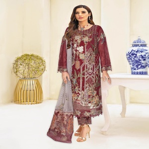 Liquidación: Vestido de Fiesta para Mujer, Estilo Pakistaní/Indio, Chifón, Shalwar Kameez, Dupatta, Largo hasta el Suelo, Bordado, Alta Calidad - Product Image 5