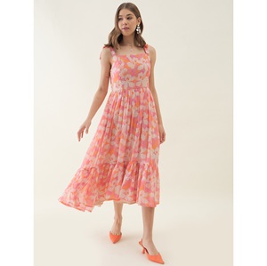 Vestido de Noche Elegante con Estampado Floral Rosa, Sin Mangas, Corte Evase, para Bodas, Reuniones, Clubes y Ocasiones Especiales - Product Image 1