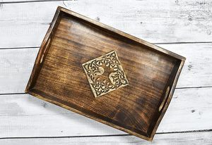 Rectangular wooden <b>tray</b> with handles carved design glossy finish serving platter <b>breakfast</b> <b>tray</b> decorative handmade wooden - Product Image 4