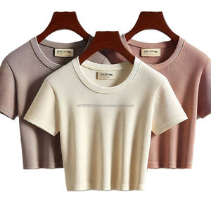 Cómodas camisetas de algodón para mujer, colores sólidos personalizados, estampado de logotipo, tejido suave, informal, manga corta, cuello en V, venta al por mayor - Product Image 3