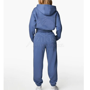 Women 2 Piece Tracksuit <b>Zip</b> Hoodie <b>Jogger</b> Set Solid Blue Plus Size Casual Sweat Suit Full Length Side <b>Pockets</b> Winter 100% Cotton - Product Image 2