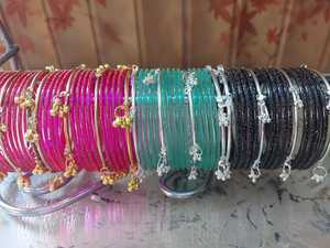Ensemble de bracelets et joncs empilables en verre plaqué argent pour femmes, noir et vert, bijoux ethniques écologiques pour mariage - Product Image 3