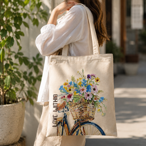 Bolsa de Lona Premium con Diseño Floral de Bicicleta Impreso Digitalmente y Bordado, Bolsa de Compras Reutilizable, Fabricante - Product Image 5