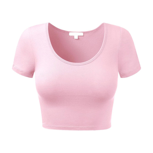 Haut court tricoté rose pour femme, col rond, manches courtes, en coton élasthanne, coupe ajustée, couleur unie, décontracté, respirant, printemps-été - Product Image 4