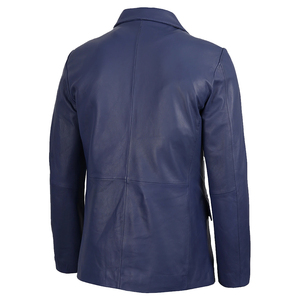 <b>Men's</b> Blue <b>Leather</b> <b>Blazer</b> Jacket Slim Fit Turn-down Collar Single Breasted Formal Style Regular Sleeve - Product Image 4