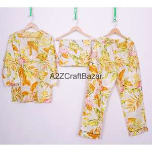 ชุดนอนผ้าฝ้ายพิมพ์ลายดอกไม้สำหรับผู้หญิง ทำด้วยมือ 100% เอวยางยืดนุ่ม แขนยาว เหมาะเป็นของขวัญเพื่อนเจ้าสาว - Product Image 1