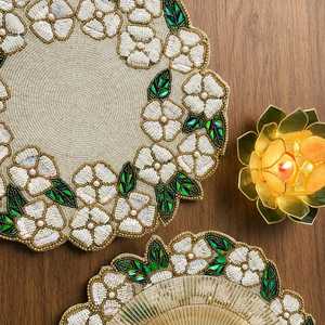 Pastel Floral Embroidered Knitted Round Polyester/Cotton Eco-Friendly Home & Hotel Use <b>Placemat</b> <b>Cream</b> Pink Gold Table Decor - Product Image 4