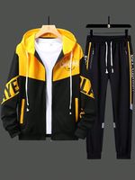 Conjunto de Sudadera con Capucha y Pantalones Deportivos para Hombre, Diseño Color Block Otoñal, Tejido de Punto, Estampado Serigrafiado, Chaqueta con Cierre y Pantalones Jogger Casuales