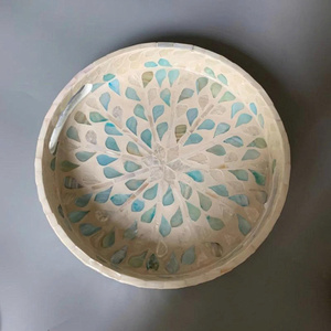 NHAT MINH Set of 2 <b>Round</b> Mother-of-Pearl Inlaid Bohemian Fruit Pattern Food <b>Trays</b> and Tea Cup Set - Product Image 2