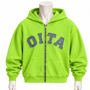 Winter Lime Green Customized Mens Full <b>Zip</b> <b>Hoodie</b> Heavyweight Fleece Chenille Letter Applique Oversized Streetwear Front <b>Pockets</b> - Product Image 1