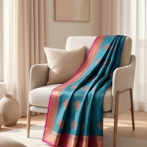 Blue <b>Silk</b> Saree with Intricate Tree Motifs and Pink Border Long Style - Product Image 2