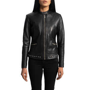 Chaqueta de Motociclista de Cuero Genuino Negro para Mujer, con Cuello Alto y Cierre de Cremallera - Product Image 2