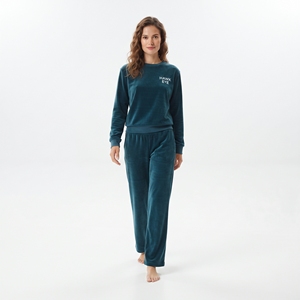 <b>Women's</b> Teal <b>Velour</b> <b>Tracksuit</b> Crew Neck Full Sleeve Solid Color Hawk Eye Logo Winter Casual Wear - Product Image 3