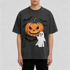 Camiseta de hombre con cuello redondo y manga caída, estampado de Halloween (calabaza, fantasma, murciélago), corte regular, 100% algodón transpirable - Product Image 3