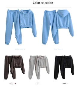 Survêtement à capuche bleu clair pour femme, coupe ample, décontracté, couleur unie, poches latérales, taille élastique, vêtement d'automne - Product Image 3
