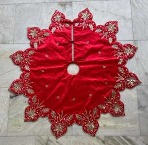 Red Velvet Christmas Tree Skirt Round Scalloped Edge Beaded Reindeer Embroidered Holiday Decor Handmade Traditional Style - Product Image 2