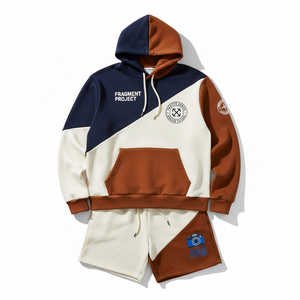 ผู้ผลิตชุดเซ็ตเสื้อฮู้ดซิปพิมพ์ลายโลโก้แบบ DTF สำหรับผู้ชาย และกางเกงขาสั้นวอร์ม พร้อมลายสกรีนสีสันตัดกัน - Product Image 1