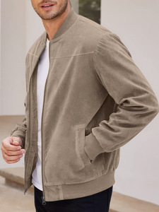 Men's <b>Suede</b> Bomber <b>Jacket</b> Stand Collar Regular Sleeve Solid Color Casual Autumn Style Pullover Closure - Product Image 1