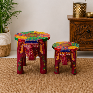 Handcrafted Wooden <b>Elephant</b> Stool Set| Colorful Rajasthani Painted <b>Elephant</b> Table <b>Decor</b> |Traditional Indian Handicraft Furniture - Product Image 1