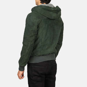 OEM Winter Green Genuine Leather Hooded <b>Suede</b> Bomber <b>Jacket</b> Men's Casual Stand Collar Zipper Closure Windproof Breathable - Product Image 3