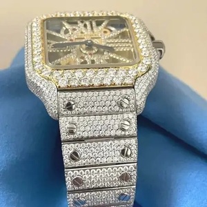 Luxury Men's Square Mechanical <b>Watch</b> Yellow Gold Stainless Steel Bracelet Diamond Encrusted <b>Skeleton</b> Dial Analog ETA Movement - Product Image 4