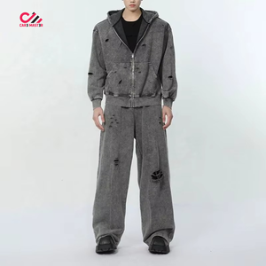 Conjunto de Sudadera con Capucha y Pantalones de Chándal de Algodón Desgastado para Hombre CARE MASTER, Ajuste Holgado, Estilo Urbano, Cremallera Frontal Completa, Gris, Otoño - Product Image 1