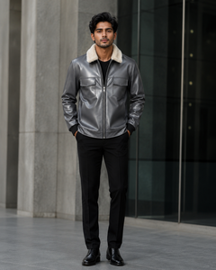 Veste en cuir PU pour homme avec col en fausse fourrure, fermeture éclair, vêtement d'hiver, coupe classique, couleur unie - Product Image 2