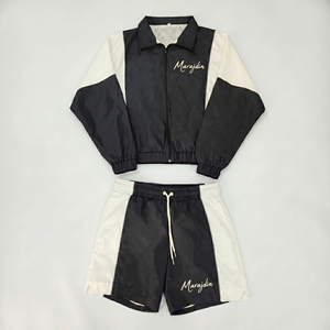 Ensemble coupe-vent deux pièces personnalisé, veste courte zippée 100% coton délavé imprimé, streetwear unisexe, survêtement coupe-vent court - Product Image 1