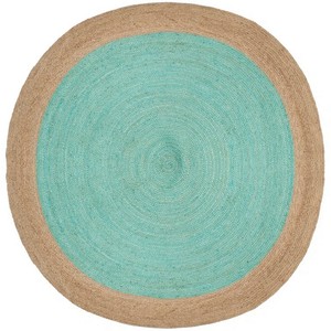 <b>Round</b> Bohemian Area <b>Rug</b> Teal Center Natural Jute Border Handcrafted Eco Friendly Flat Pile Living Room - Product Image 1