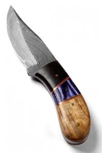 Couteau utilitaire à lame fixe en acier Damas fait main avec manche en bois violet multi-matériaux - Product Image 1