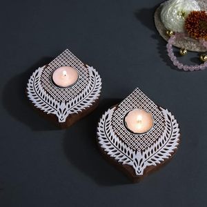 Hand Painted Wooden <b>Leaf</b> Shaped Tea <b>Light</b> Candle Holder – Rustic Boho Home Decor, Handmade Wooden Candle Stand for Table Centerp - Product Image 1