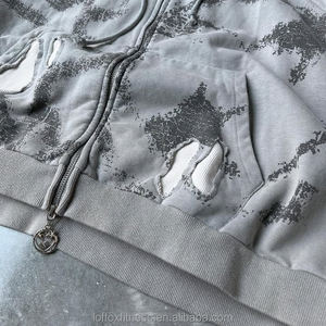 Sudadera con capucha y cremallera de felpa francesa, estilo urbano, con logo serigrafiado, ecológica, de talla grande, con bolsillos grandes y parches, tipo chándal. - Product Image 4